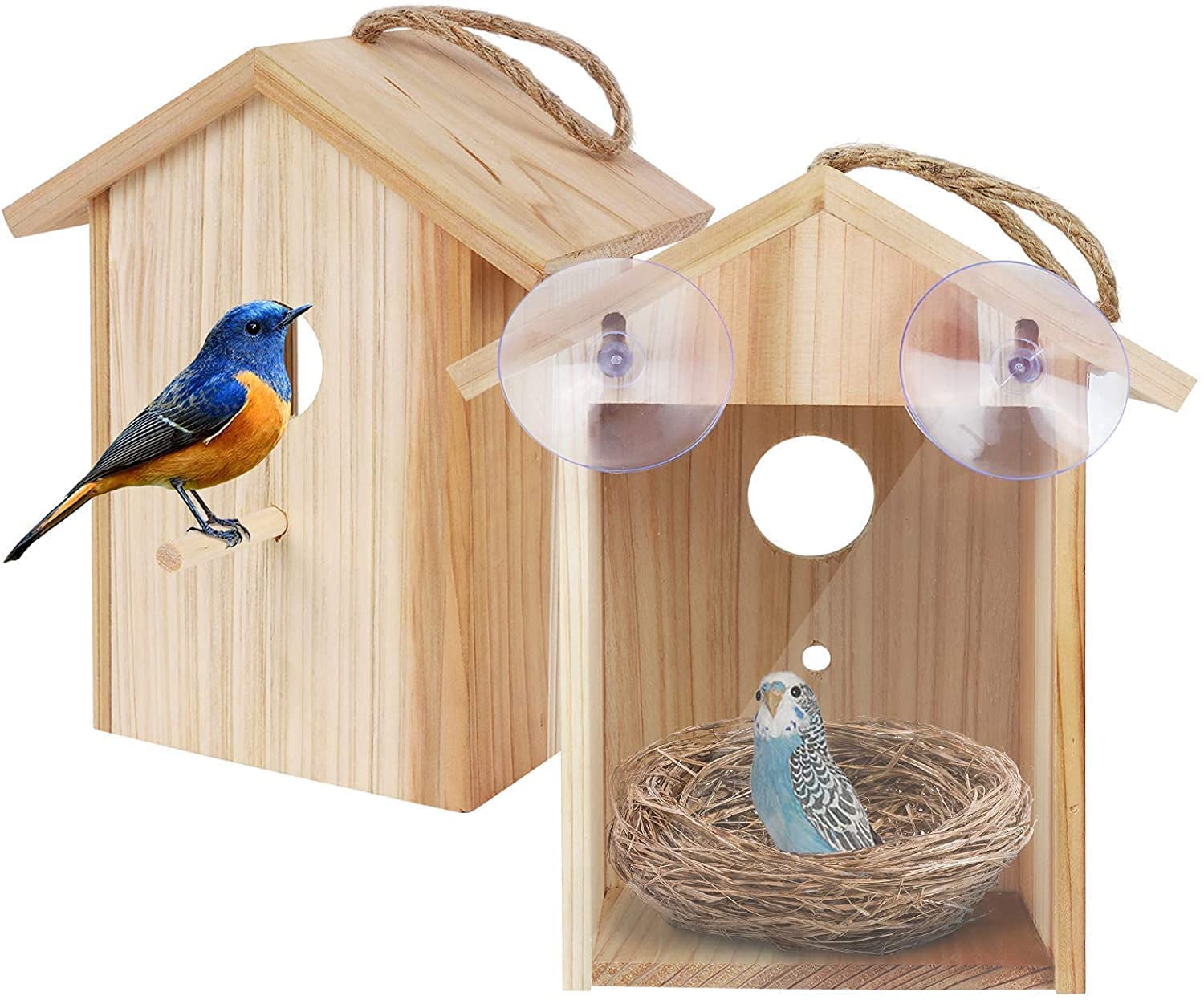 ColorfulLaVie window bird house with suction for secure indoor viewing of birds.