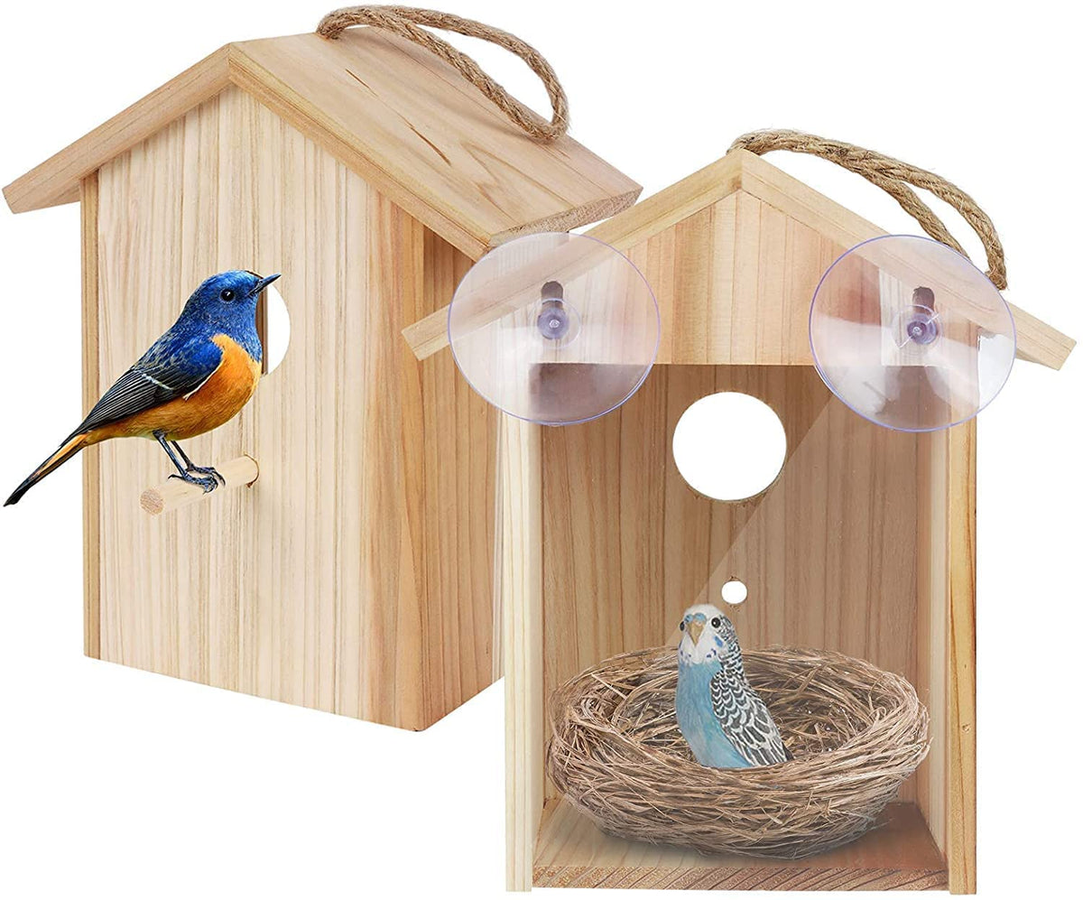 ColorfulLaVie window bird house with suction for secure indoor viewing of birds.