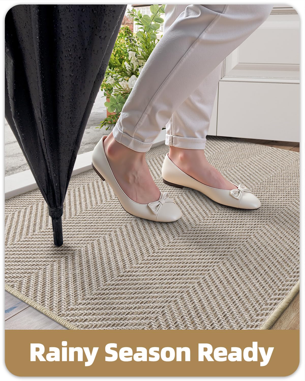Color&Geometry entryway mat for high-traffic foyers keeps floors tidy.