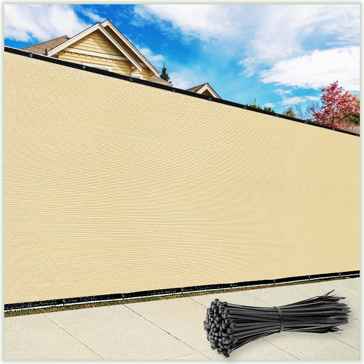 ColourTree 6' x 50' beige privacy screen installed on a fence for backyard privacy.