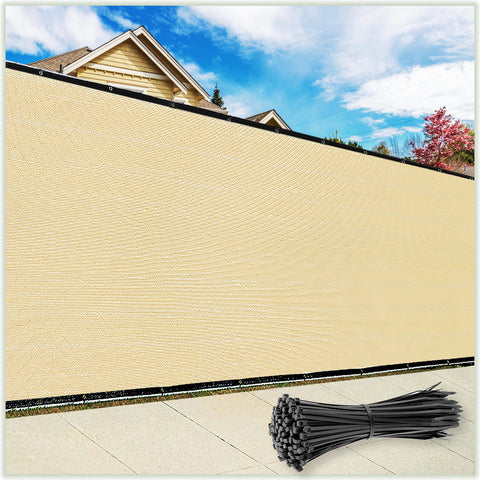 ColourTree 6' x 50' beige privacy screen installed on a fence for backyard privacy.