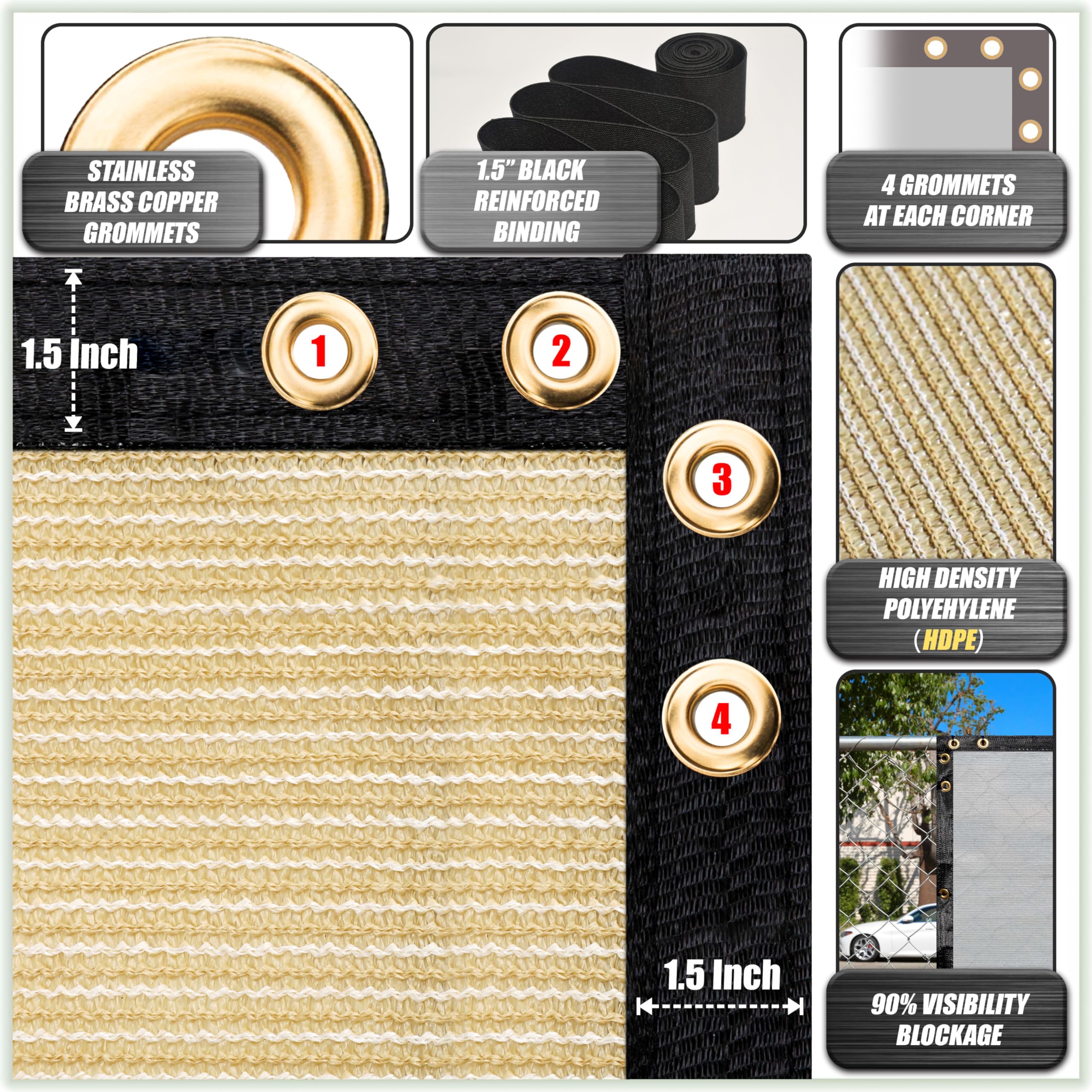 ColourTree beige privacy screen highlighting reinforced grommets for wind protection.