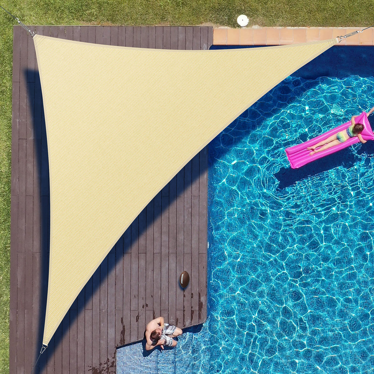 ColourTree CTAPRT12 beige right triangle sun shade sail draped over a patio for cooler outdoor shade