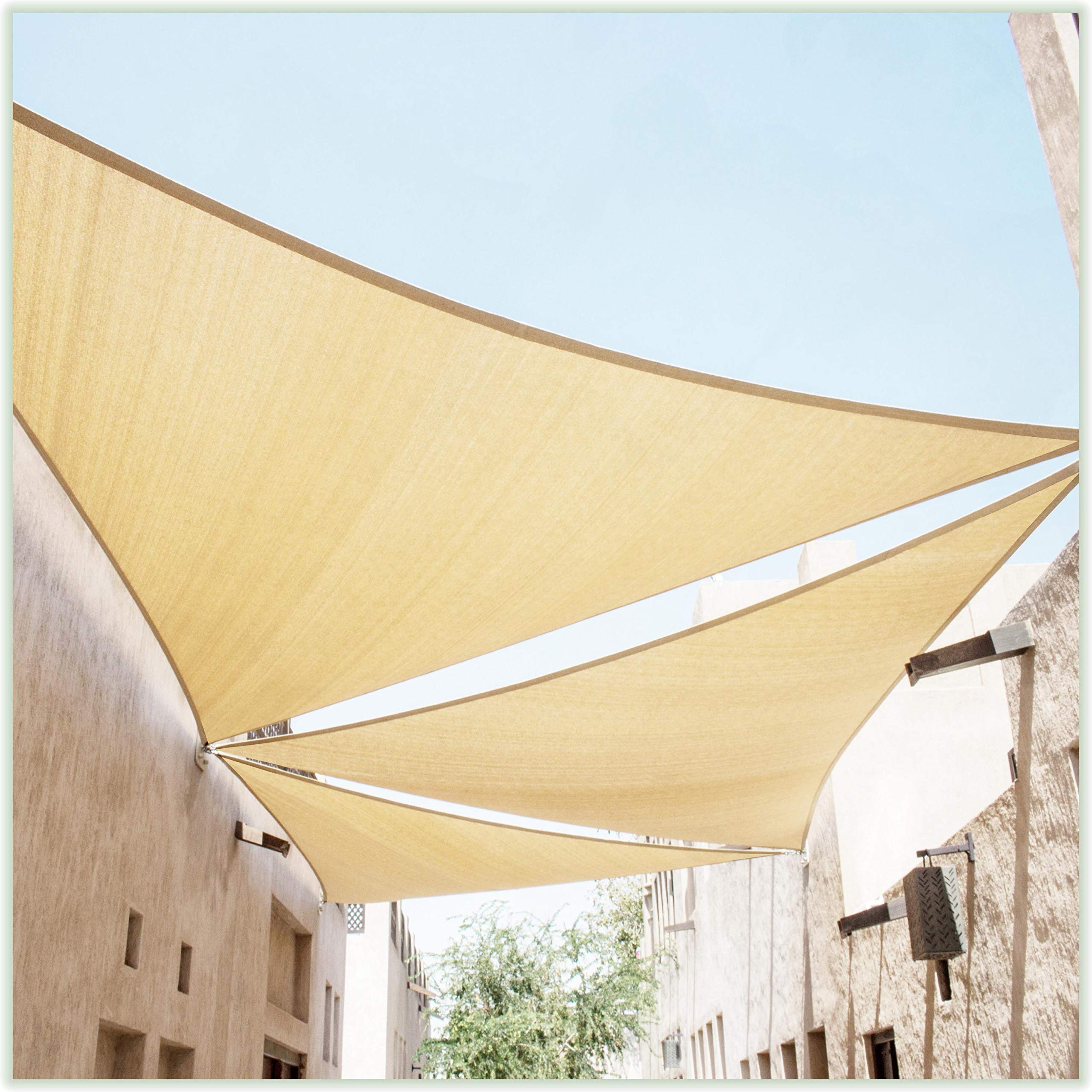 ColourTree CTAPT16 beige triangle sail assembly highlights heavy-duty stitching for lasting outdoor shade.