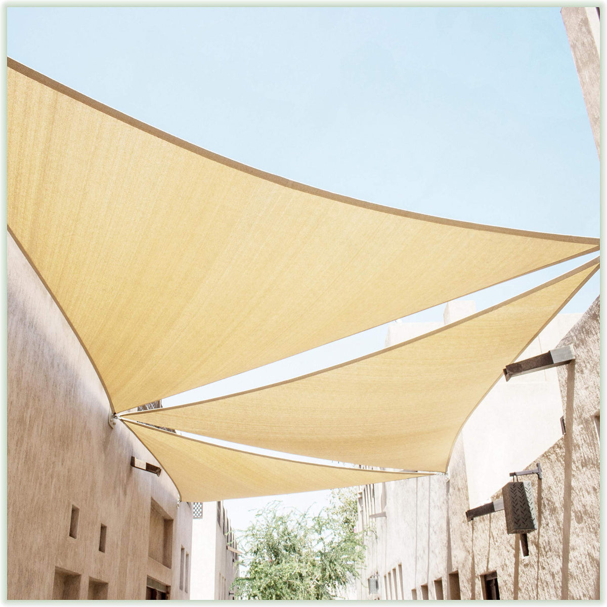 ColourTree CTAPT16 beige triangle sail assembly highlights heavy-duty stitching for lasting outdoor shade.