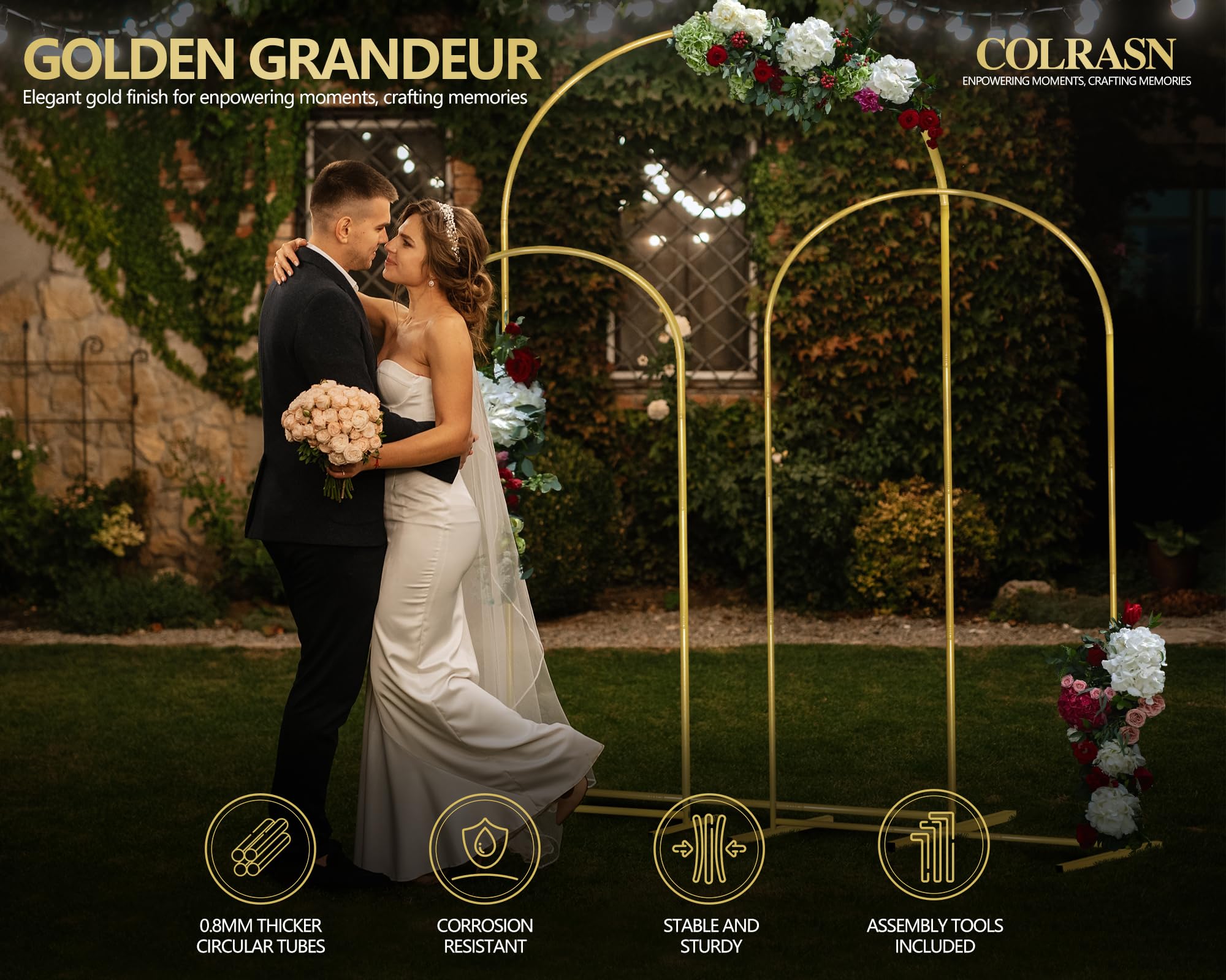 COLRASN gold arch 6ft garden arch suitable for outdoor ceremonies.