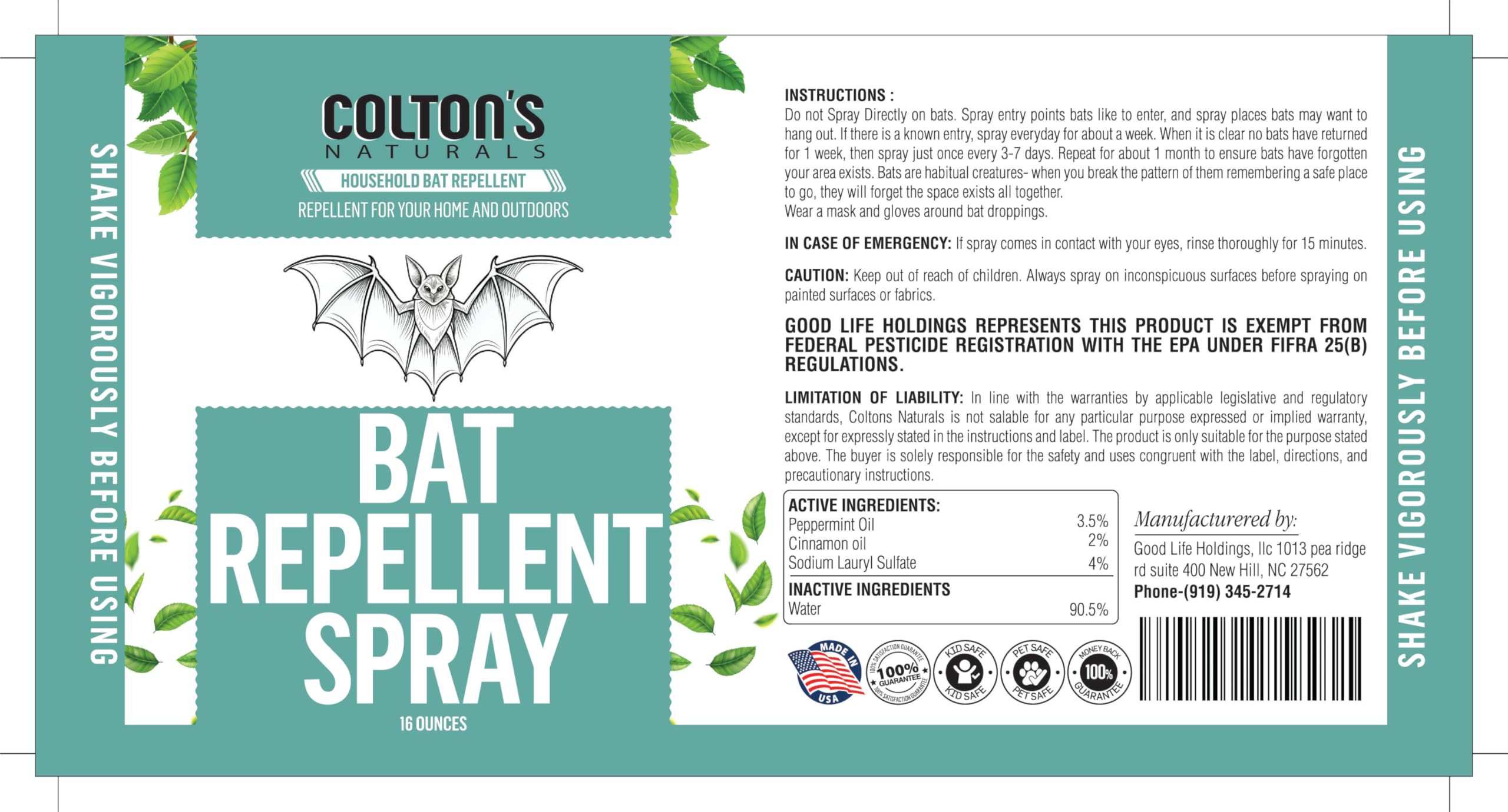 Colton's Naturals bat repellent spray for indoor-outdoor use protects attic spaces