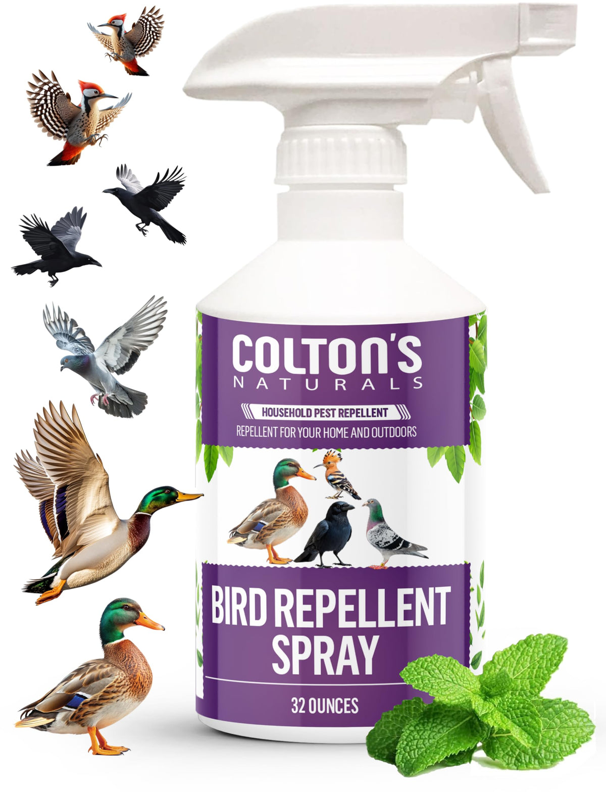 Colton's Naturals Bird Repellent Spray 32oz bottle deters multiple outdoor birds.