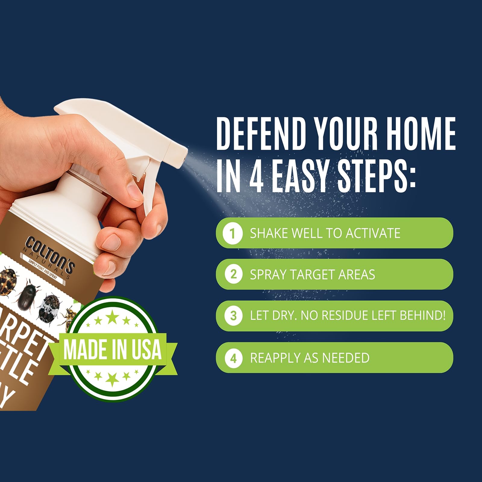 Colton's Naturals Carpet Beetle Spray used in living rooms for quick control