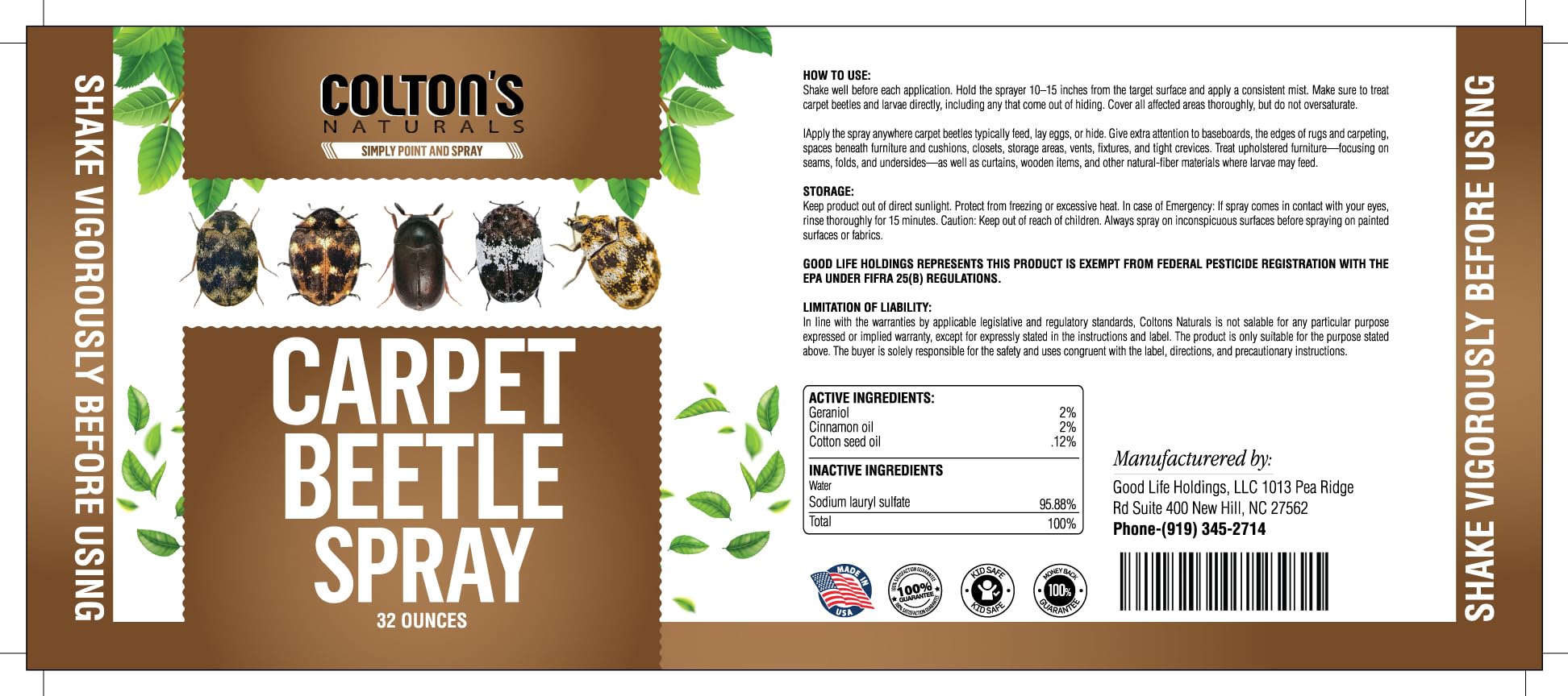 Odorless Colton's Naturals Carpet Beetle Spray on rugs and drapes
