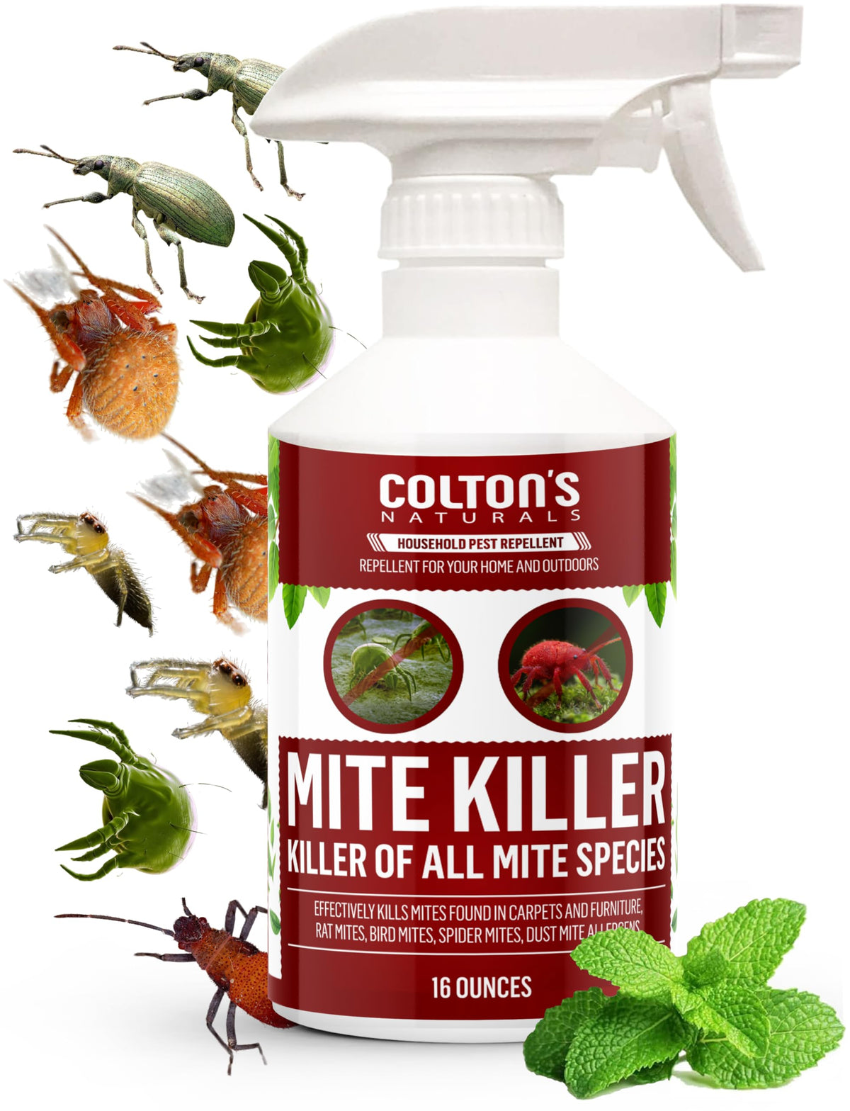 Colton's Naturals Mite Killer Spray bottle close-up demonstrates non-toxic formula for safe use
