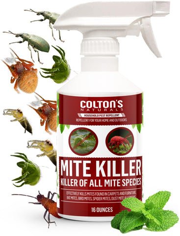 Colton's Naturals Mite Killer Spray bottle close-up demonstrates non-toxic formula for safe use