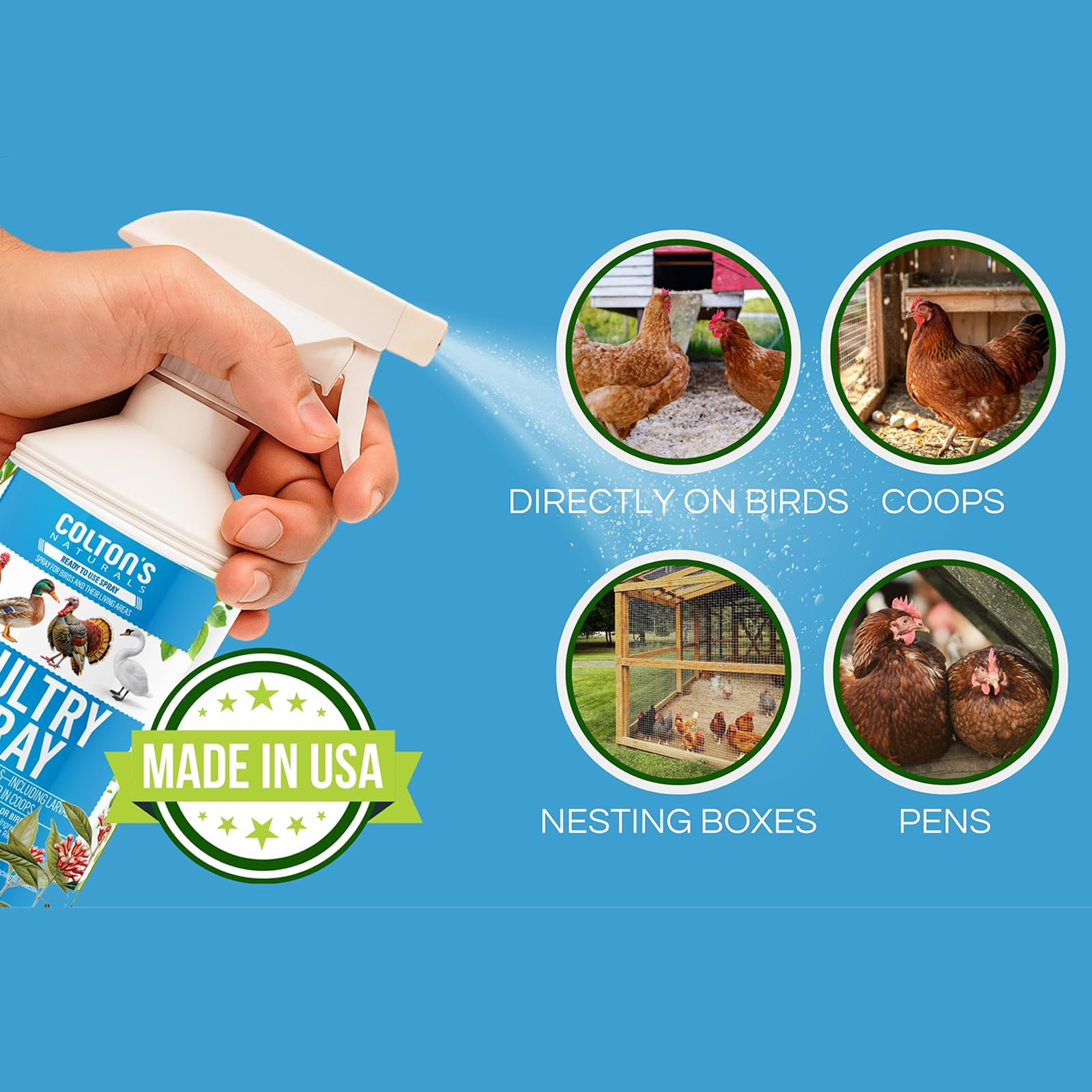 Colton's Naturals Poultry Spray coop application keeps roosts clean and ready