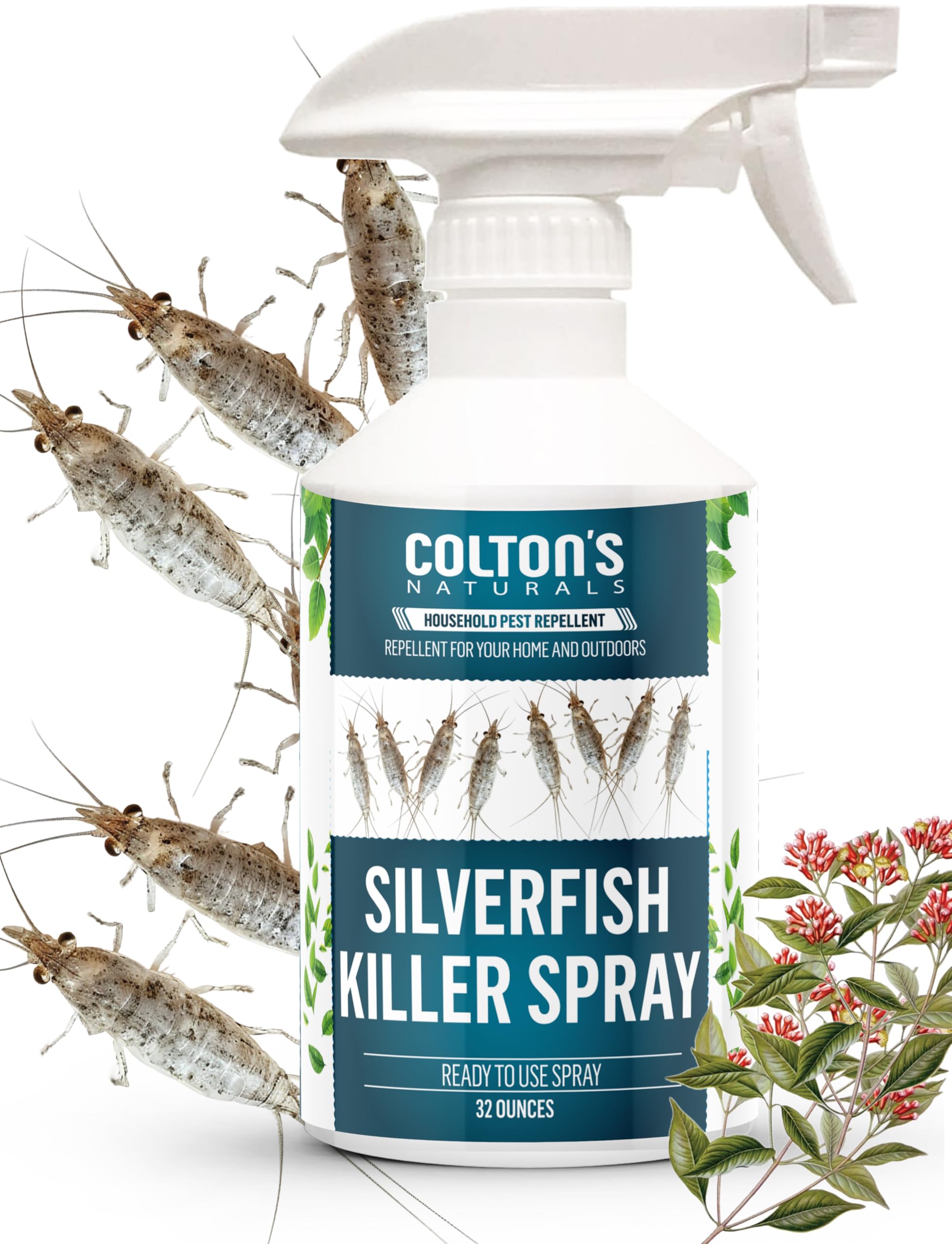 Colton's Naturals Silverfish Spray bottle close-up showing fast-acting formula.
