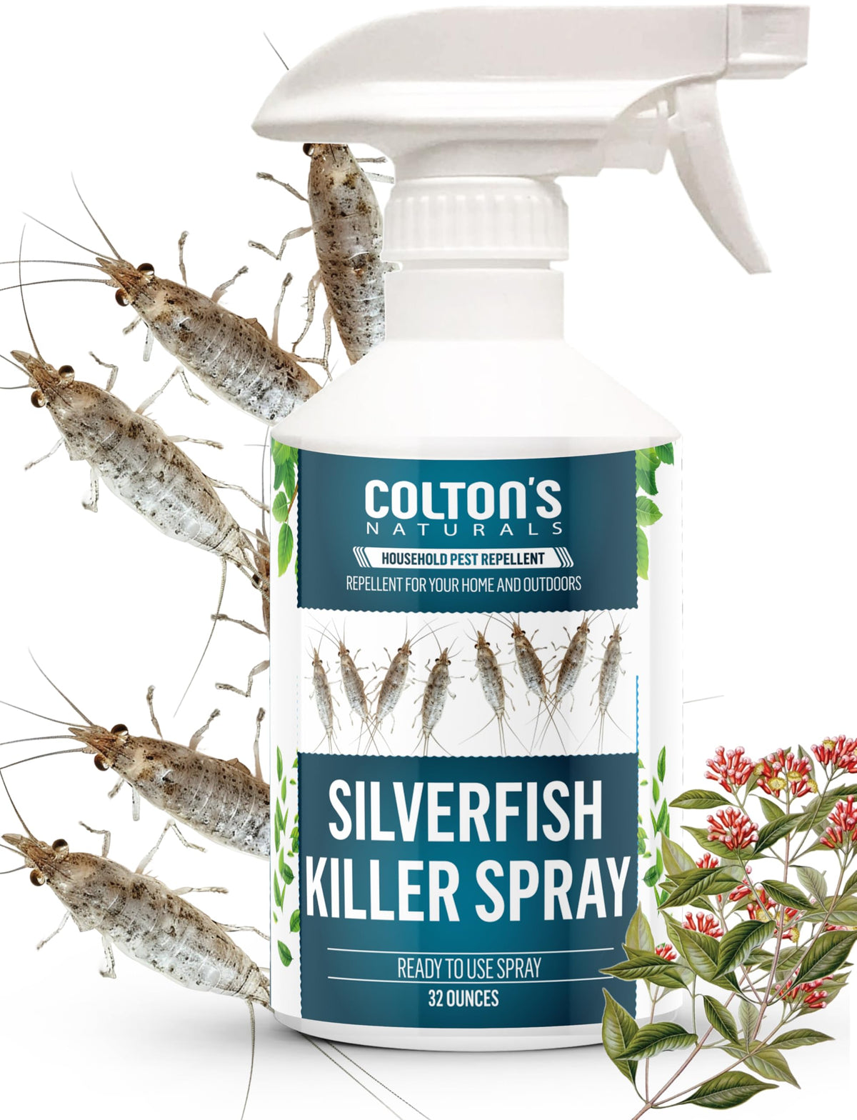 Colton's Naturals Silverfish Spray bottle close-up showing fast-acting formula.
