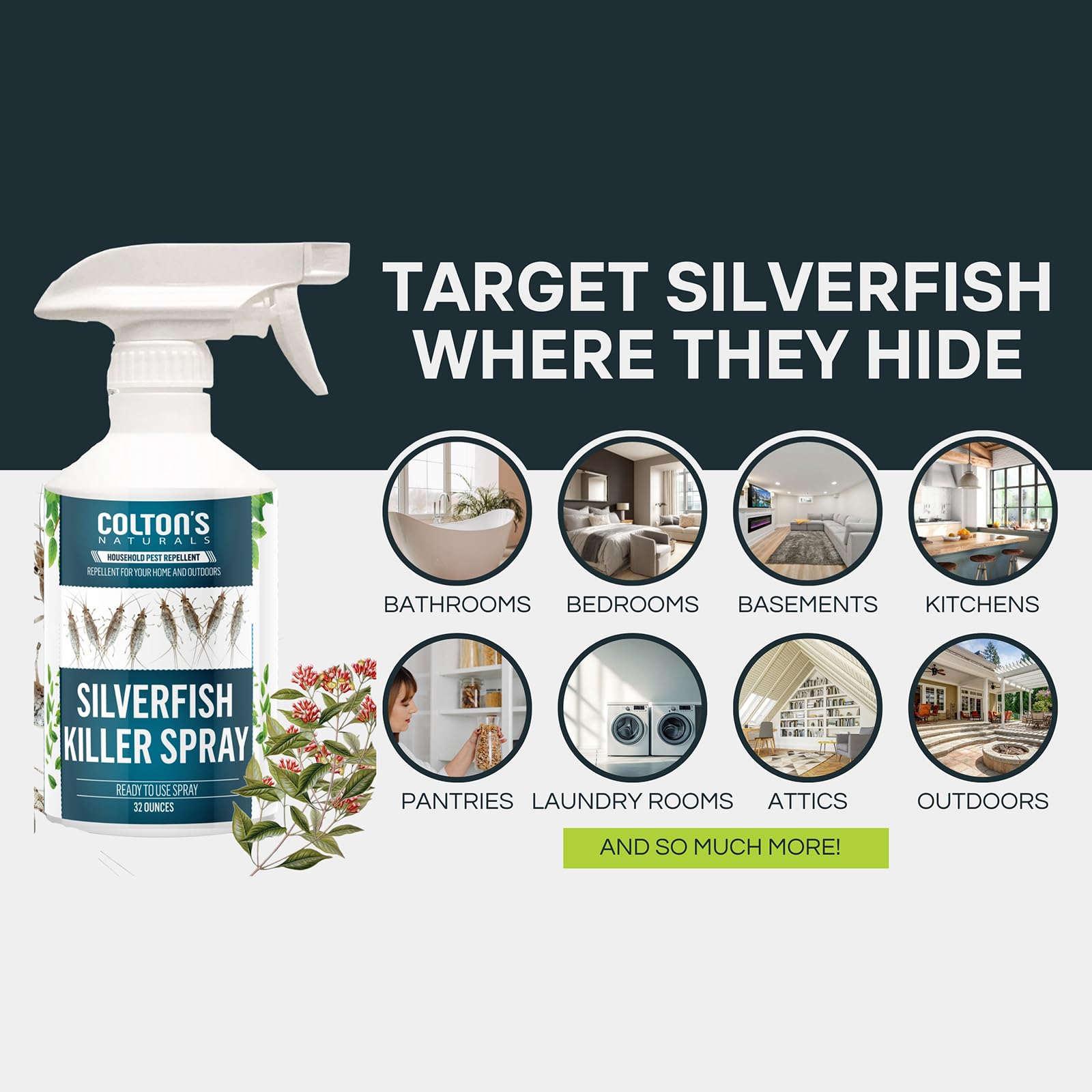 Colton's Naturals Silverfish Spray near bathroom cabinet to deter hiding spots.