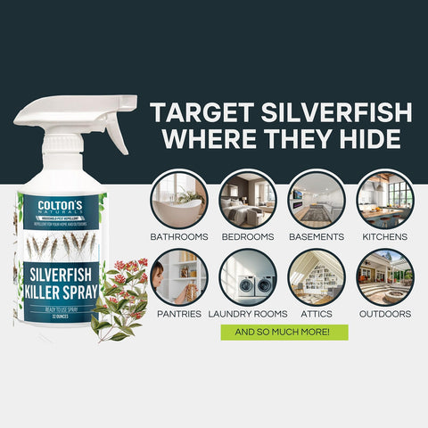 Colton's Naturals Silverfish Spray near bathroom cabinet to deter hiding spots.