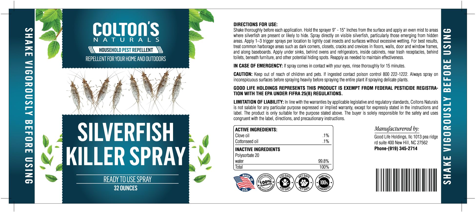 Colton's Naturals Silverfish Spray packaging showing USA-made label.