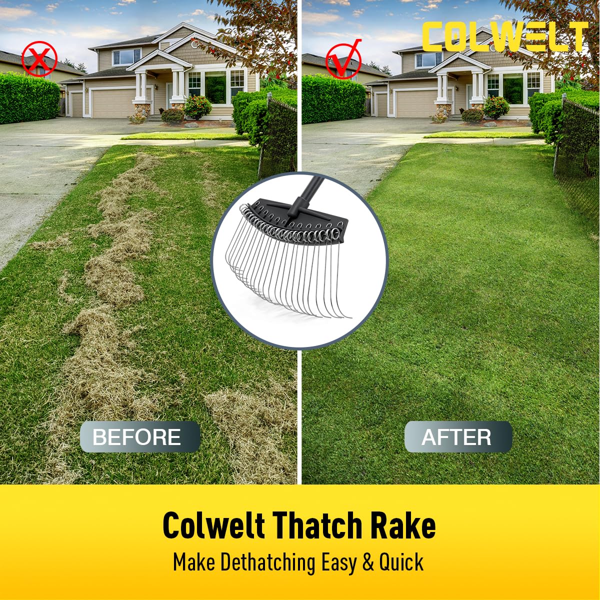 Colwelt dethatching rake aids pre-seeding prep by clearing debris efficiently.