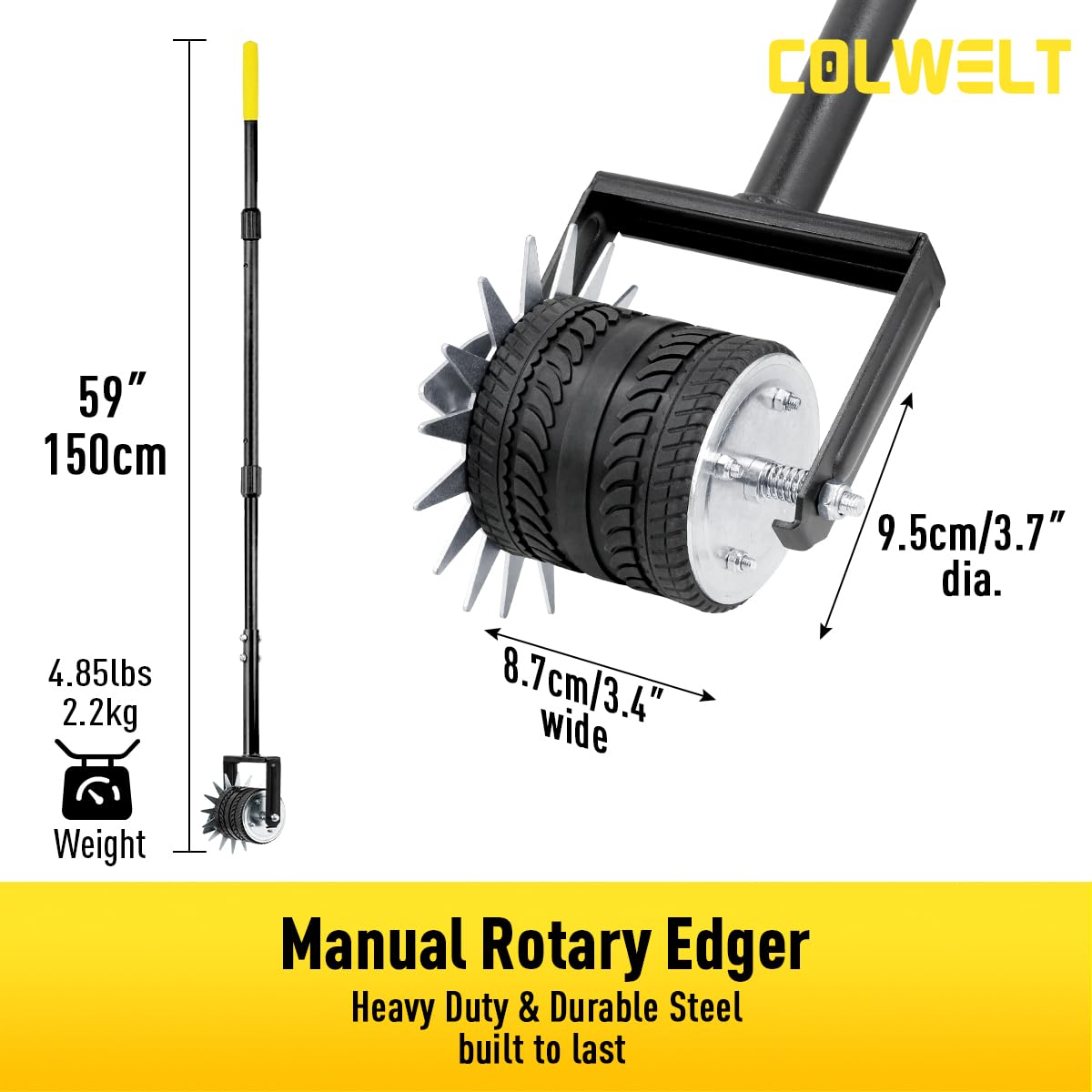Colwelt edger with three-position blade for clog-free edging