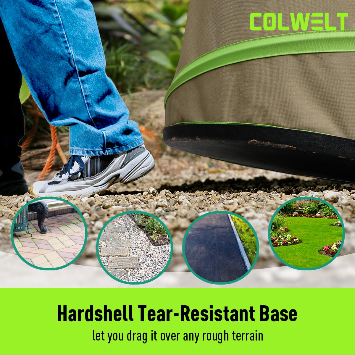 Colwelt hard-bottom leaf bag demonstrates durability on rough terrain.