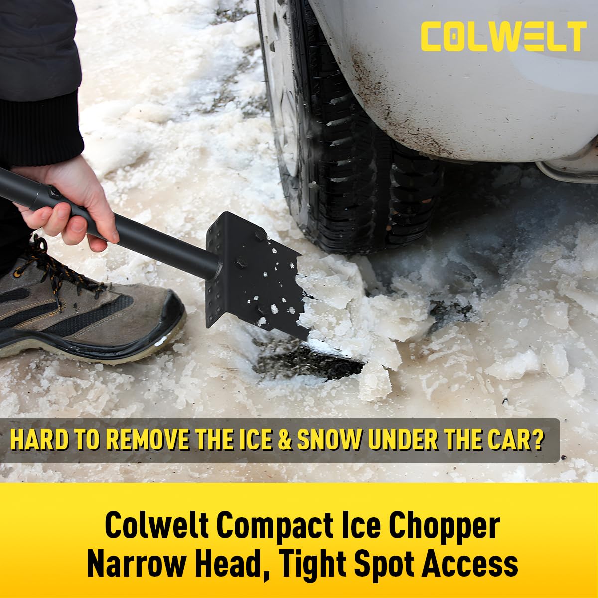 Colwelt narrow-head ice scraper reaches tight spots like wheel wells