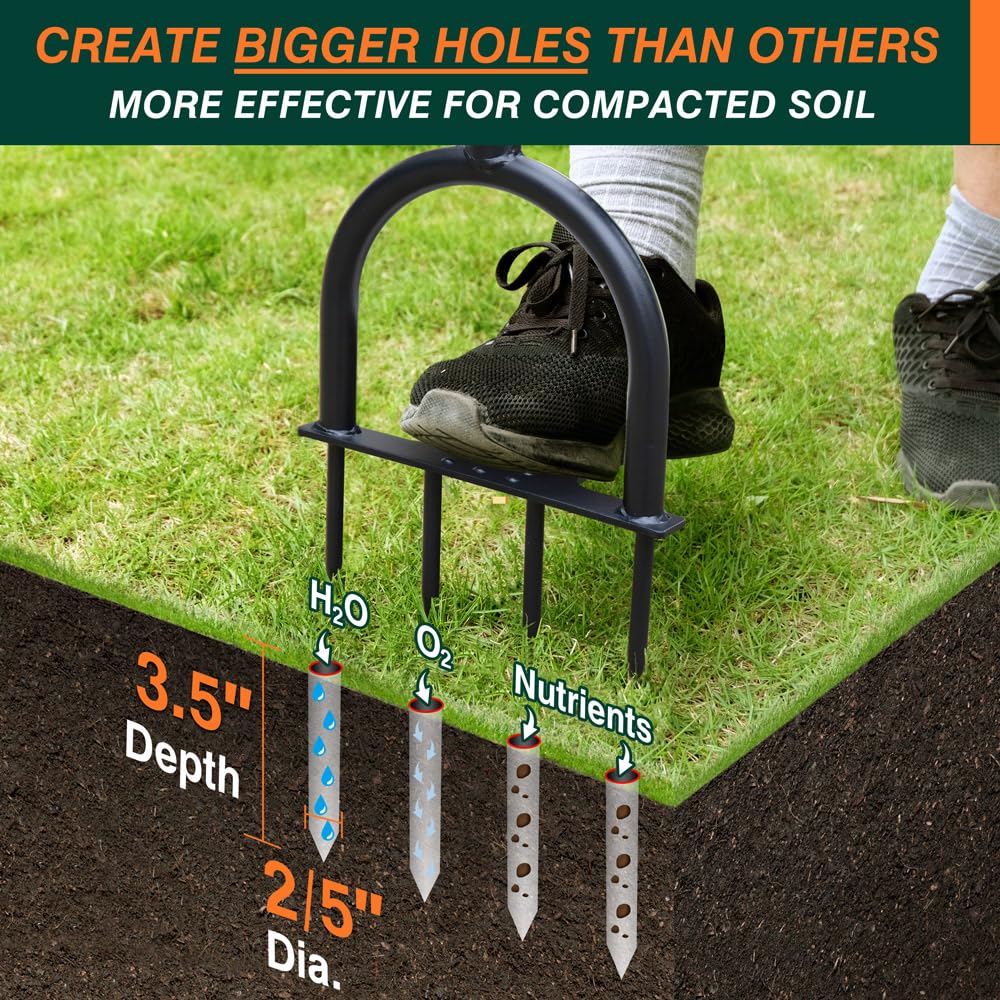 Colwelt lawn aerator wide foot plate stabilizes pressure.