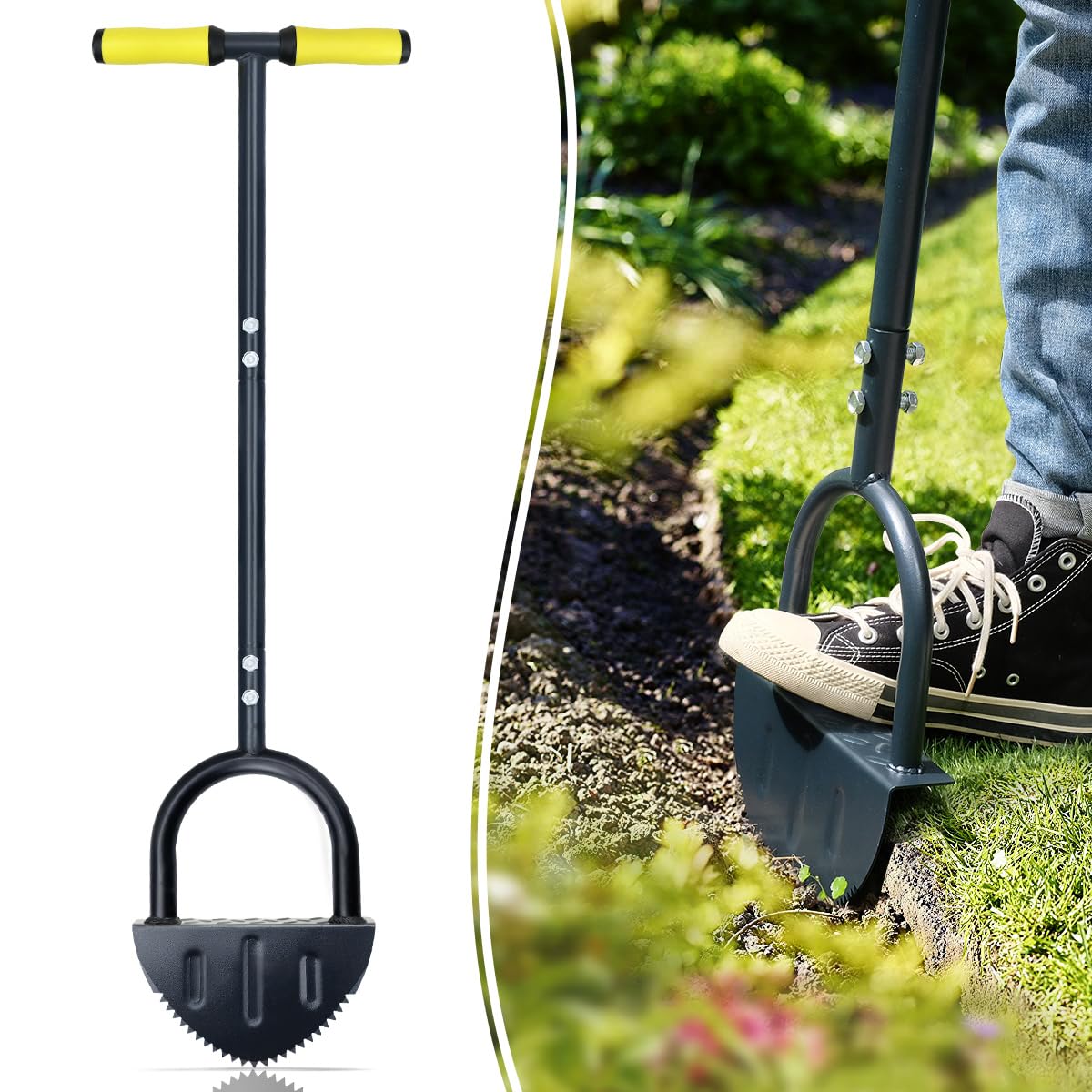 Colwelt saw-tooth edger with arched blade for clean sidewalk borders.