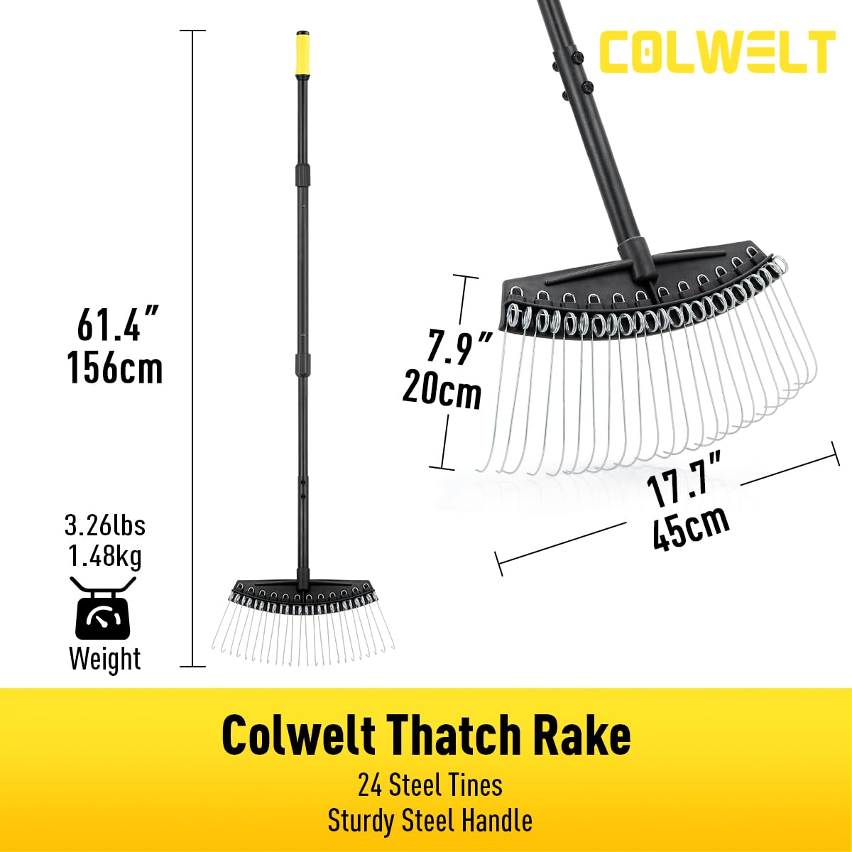 Colwelt thatch rake glides like a comb, lifting thatch efficiently.