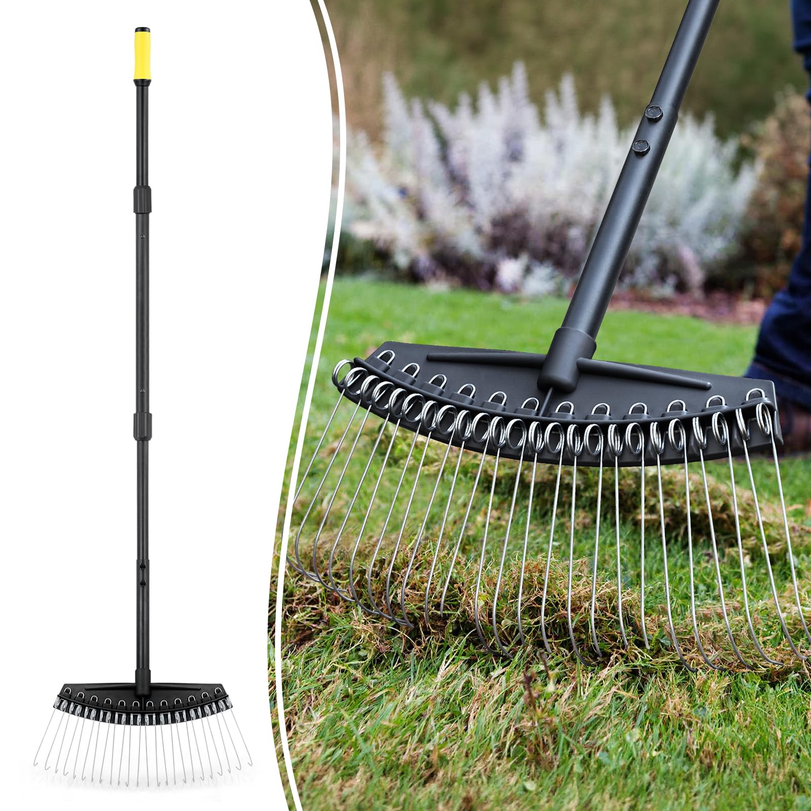 Colwelt thatch rake with wide head and curved tines lifts thatch for healthier turf.