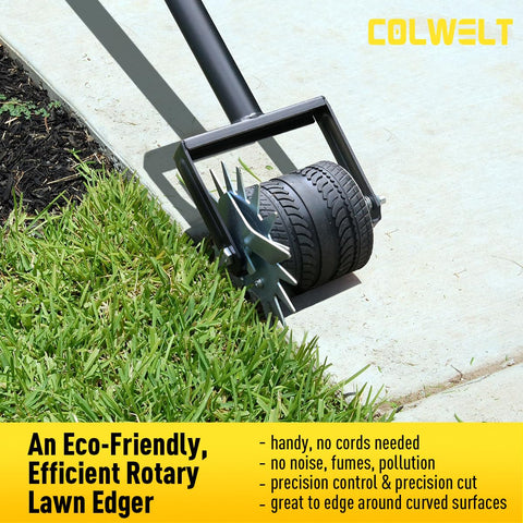 Colwelt edger showing extra-wide 3.4-inch wheel for stable edging