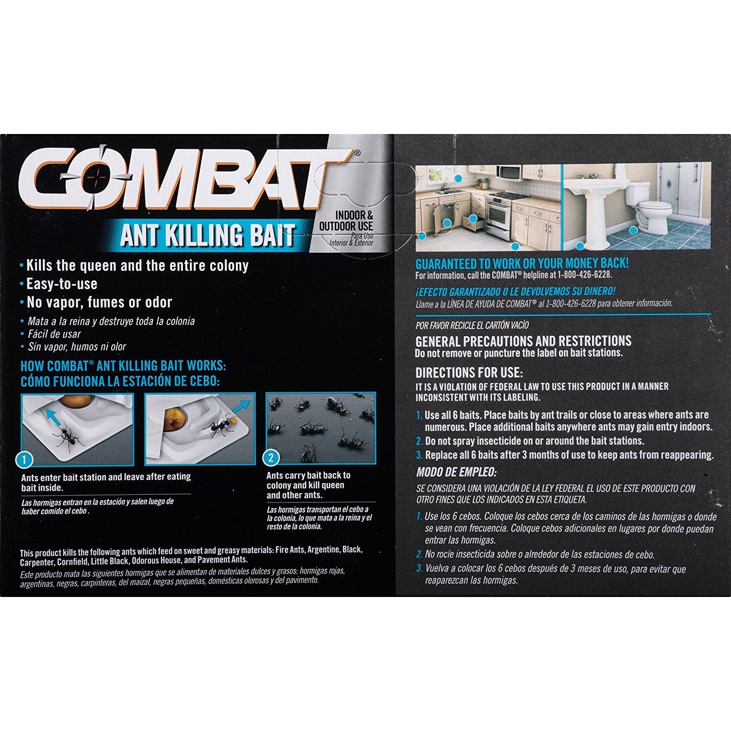 Combat bait stations in packaging showing three-pack convenience and long-lasting ant protection
