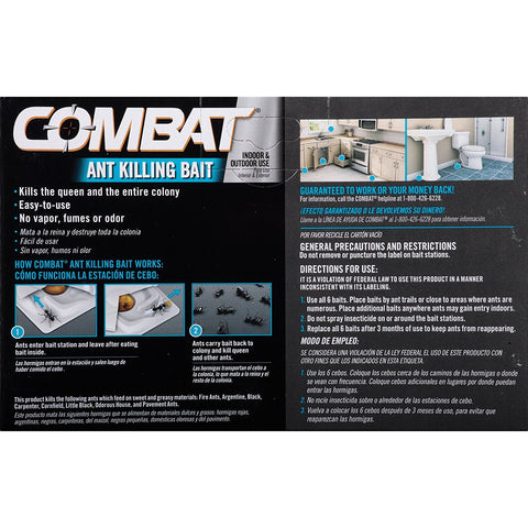 Combat bait stations in packaging showing three-pack convenience and long-lasting ant protection