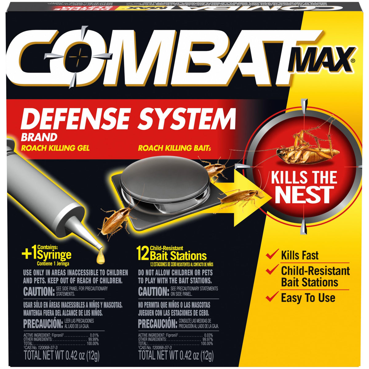 Combat Max bait stations in a kitchen corner for quick roach control.