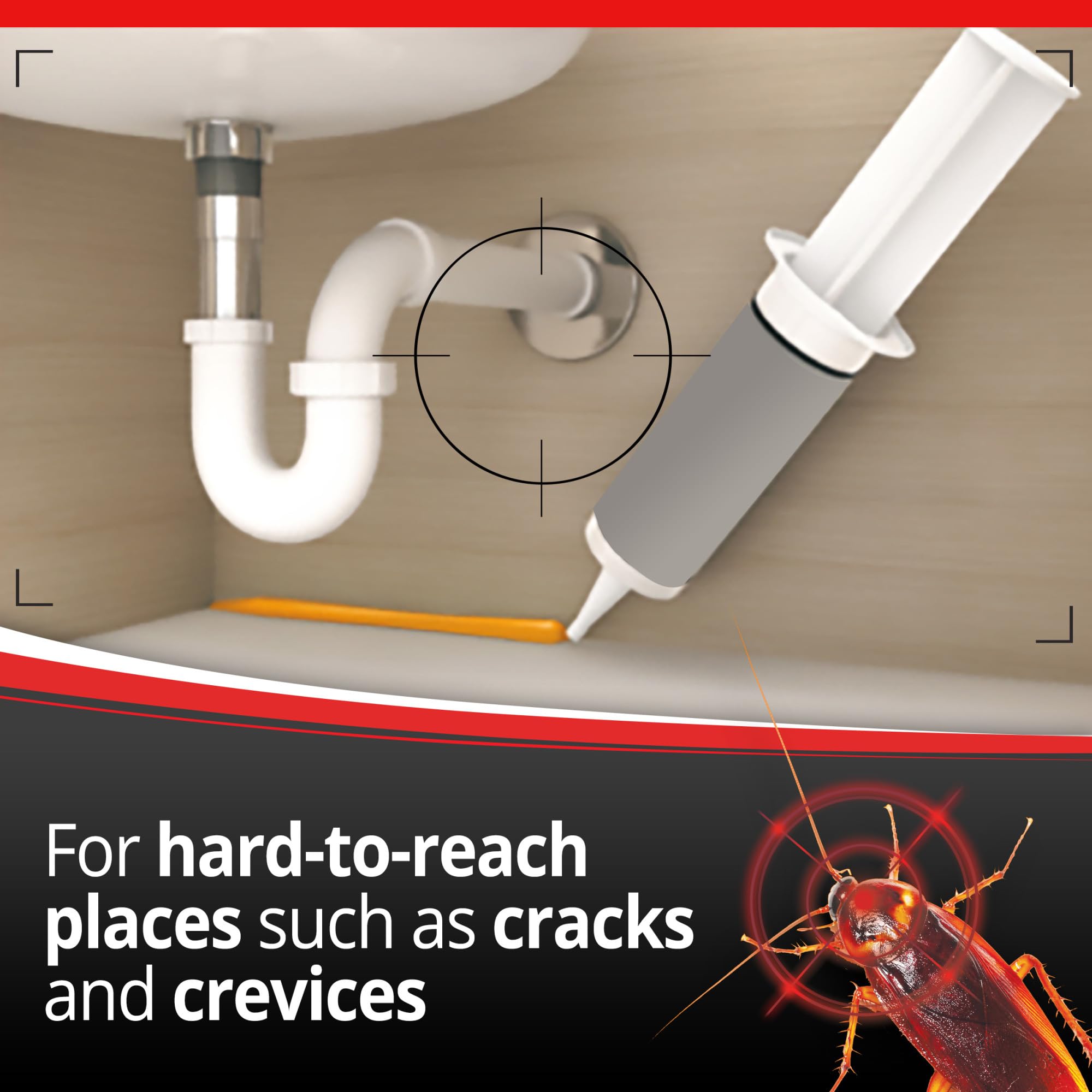 Combat Max roach gel syringe applied to cracks for targeted roach elimination.