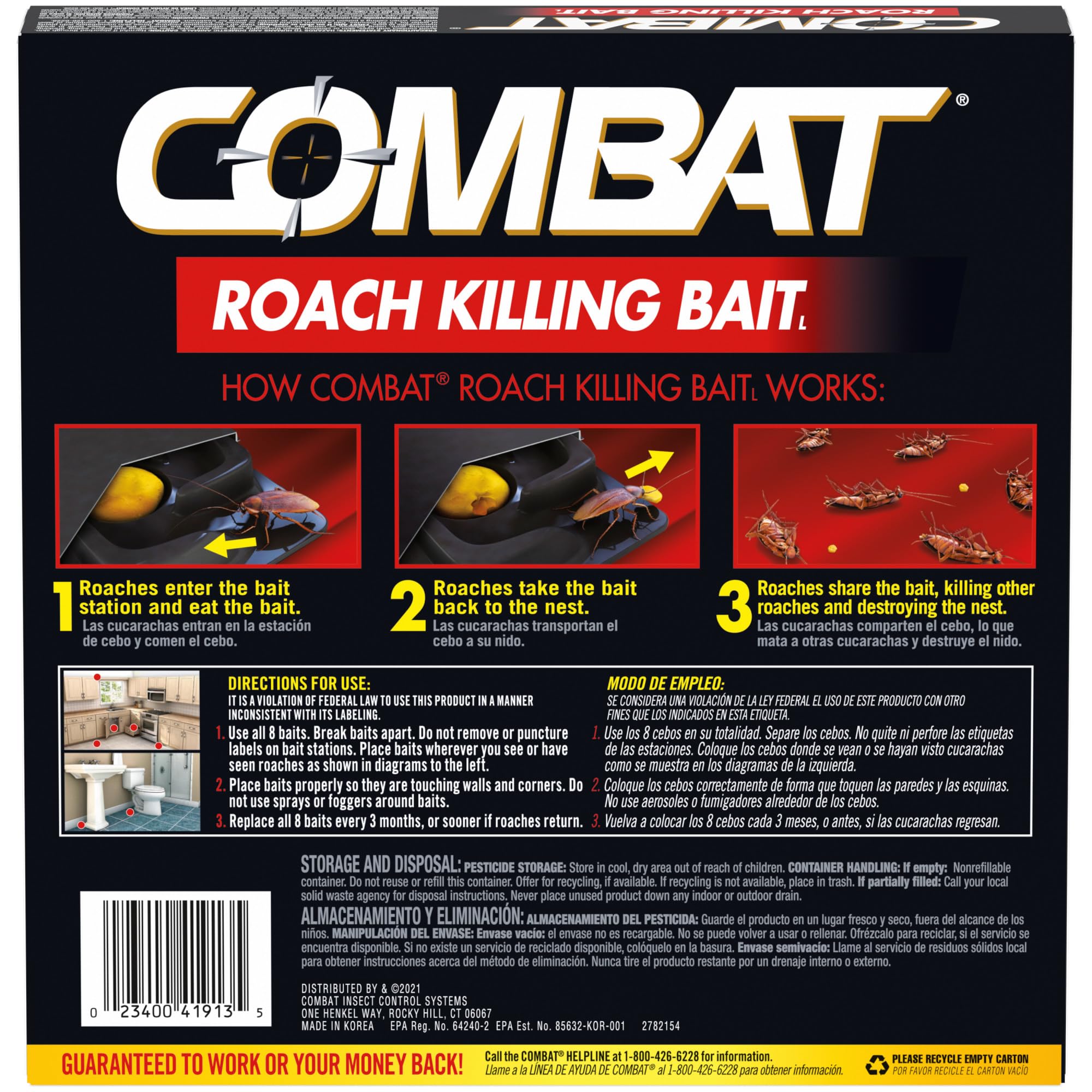 Combat roach killing bait station closeup shows durable, easy-to-place baits.