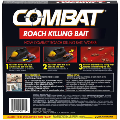Combat roach killing bait station closeup shows durable, easy-to-place baits.