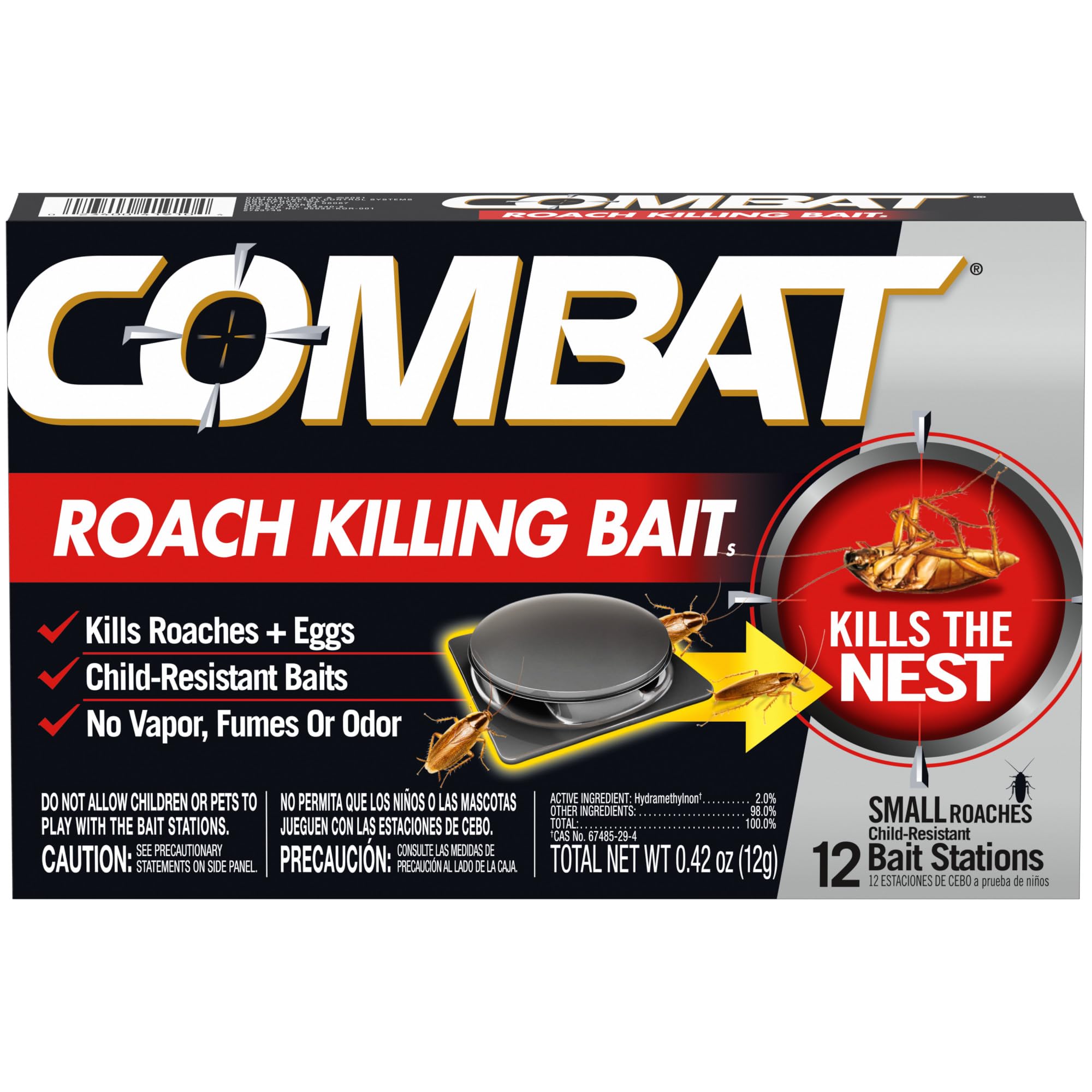 Combat roach killing bait stations 12-count pack ready for placement.