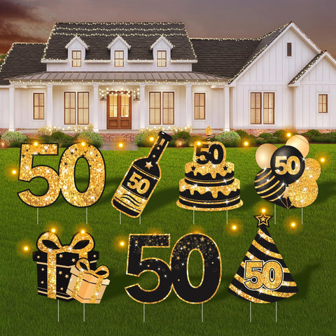 ComboJoy 50th birthday signs with stakes and LED lights for outdoor display