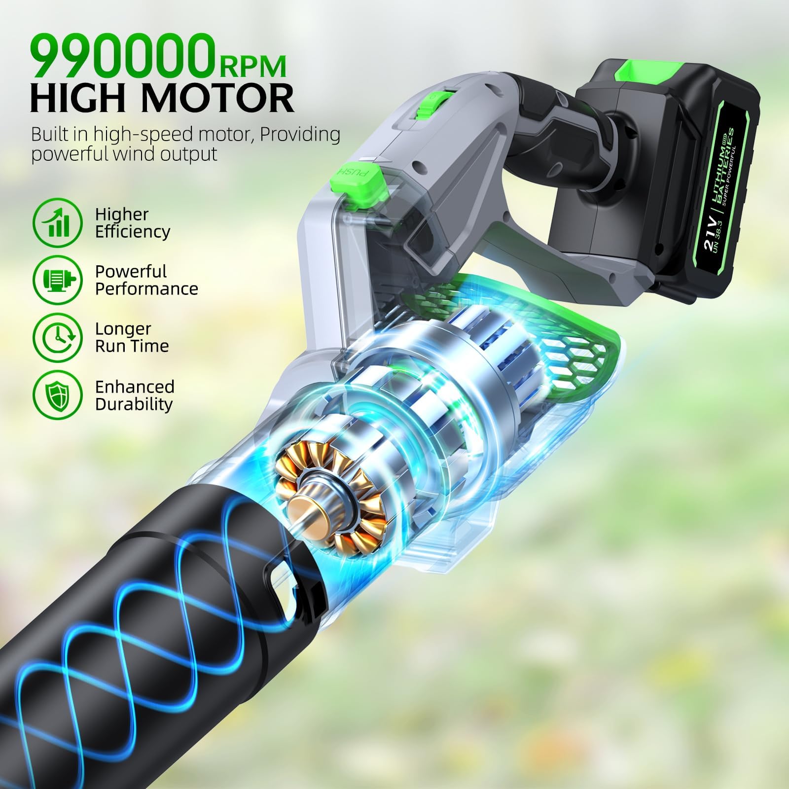 Comchoi leaf blower axial-flow motor delivers strong airflow for quick cleanup