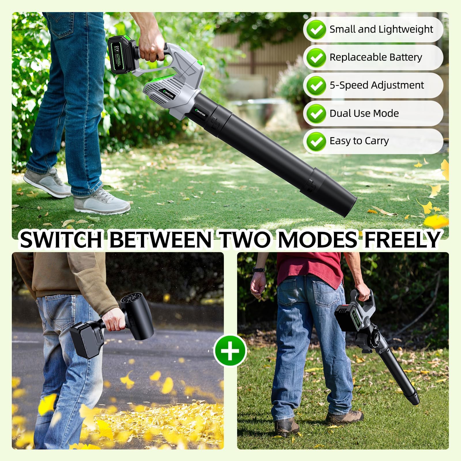 Comchoi leaf blower works in horizontal and vertical orientations for flexibility