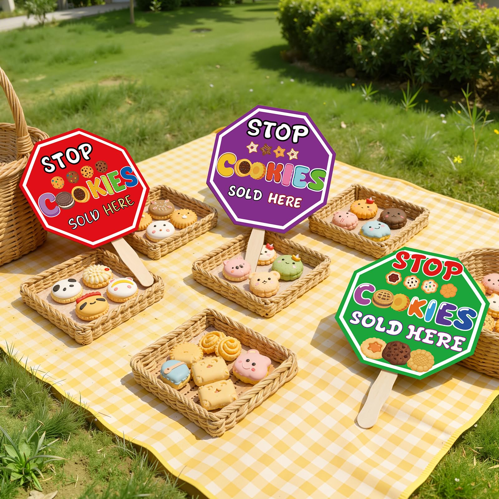 ComfyKit 10x10 inch sign with wooden stick for handheld use.