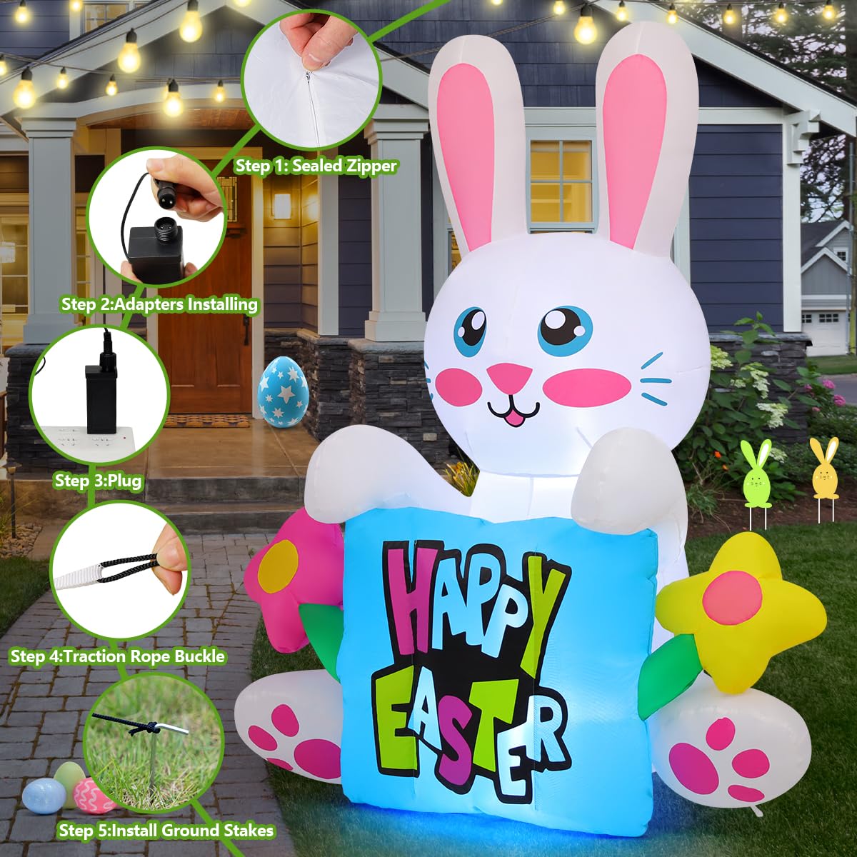 COMIN Easter bunny inflatable showing bottom zipper and built in fan for quick setup.
