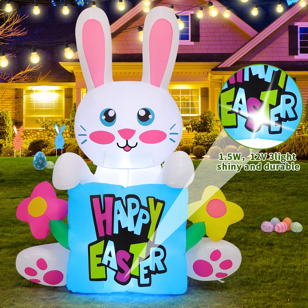 COMIN Easter bunny inflatable with ground stakes and rope for stable outdoor display.