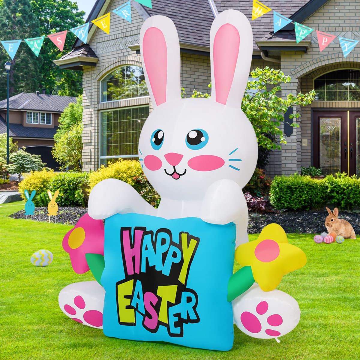 COMIN Easter bunny inflatable glowing at dusk to enhance nighttime visibility.