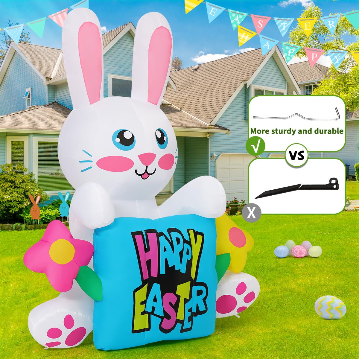 COMIN Easter bunny inflatable made from waterproof polyester for all weather use.