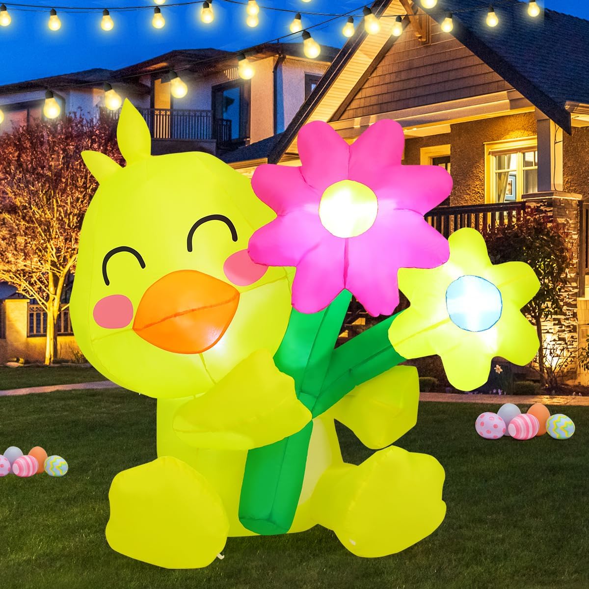 COMIN Easter chick inflatable front view with illuminated flower