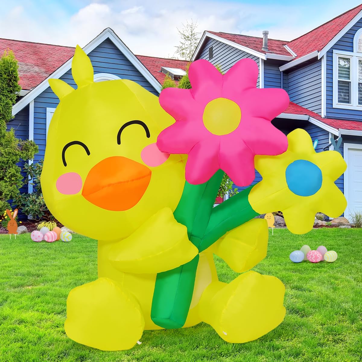 COMIN Easter chick inflatable with flower LEDs for festive yard decor