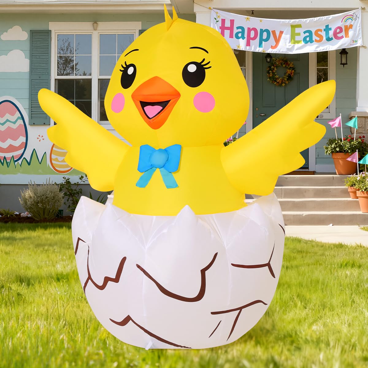 COMIN Easter Chick outdoor display includes ground stakes and rope for secure placement.