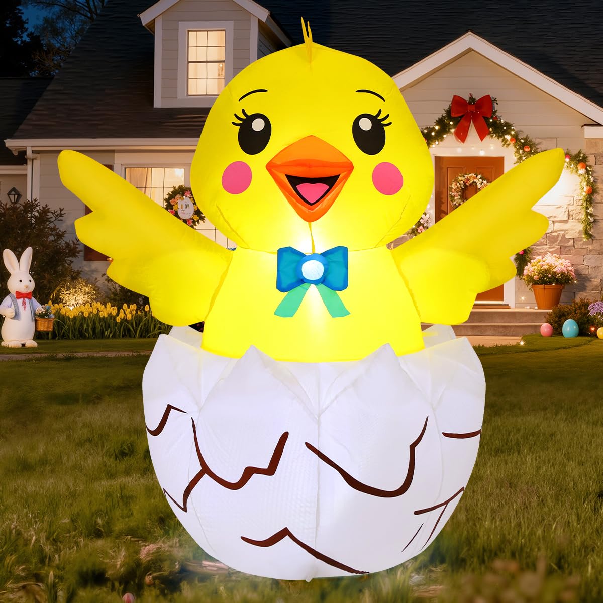 COMIN Easter Chick inflatable outdoors glows with built-in LEDs for nighttime curb appeal.